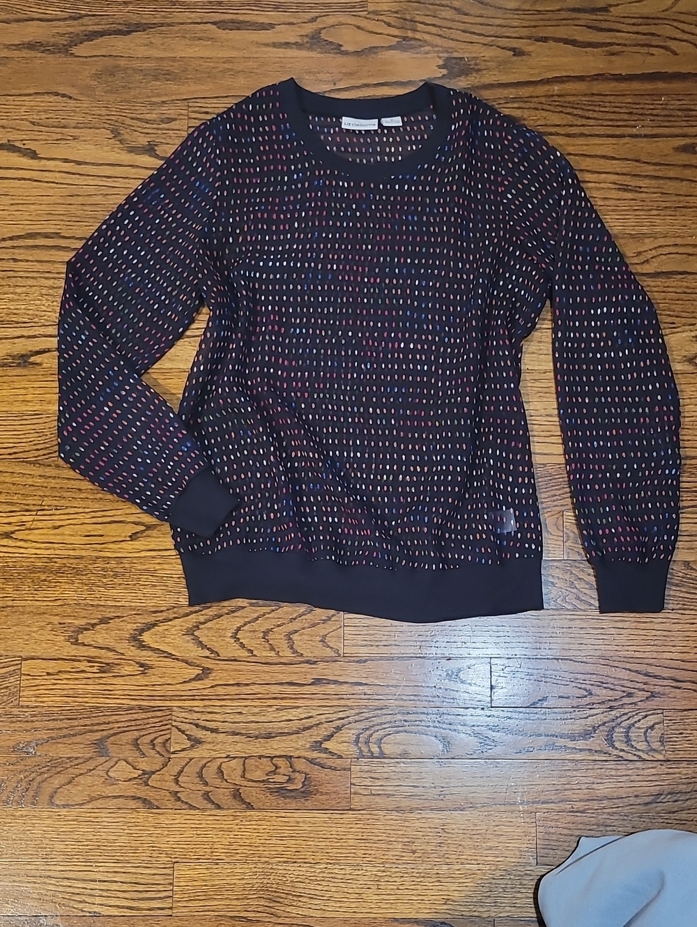 Liz Claiborne Sheer Navy Crewneck Sweater with Multicolor Dot Stitching